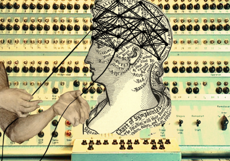 A collage featuring a vintage illustration of a woman’s head mapped with labeled sections resembling a phrenology chart. The mapped sections are overlaid by a neutral network diagram– depicting crisscrossing black lines. Two anonymous hands extend from the left side, pulling on two wires from the diagram.  In the background is a panel of the Turing Machine with numerous knobs and switches, highlighting a connection between the history of computing, psychology, biology, and artificial intelligence. 